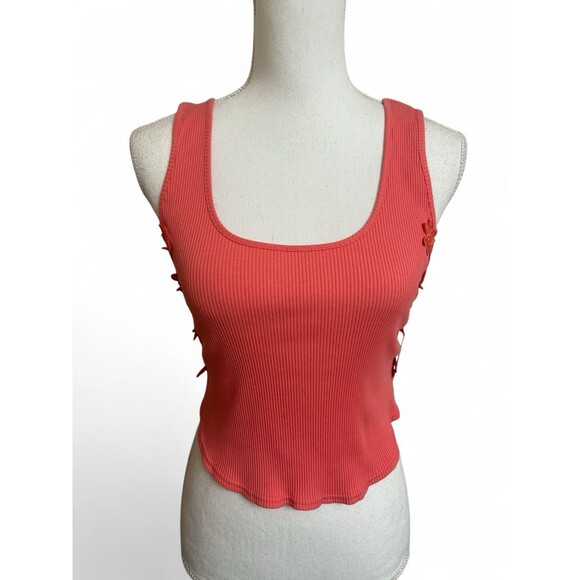 NWT Free People Women's M  Tie Back Cropped Tank Floral Appliqué Coral $68 NEW - Picture 2 of 6